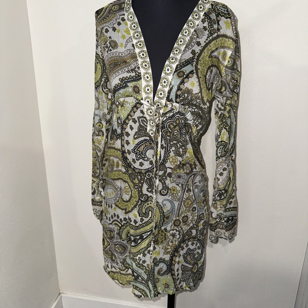 ATHLETA COTTON-SILK ‎ DRAWSTRING WAIST SUMMER  DRESS SIZE S Green Long Sleeve